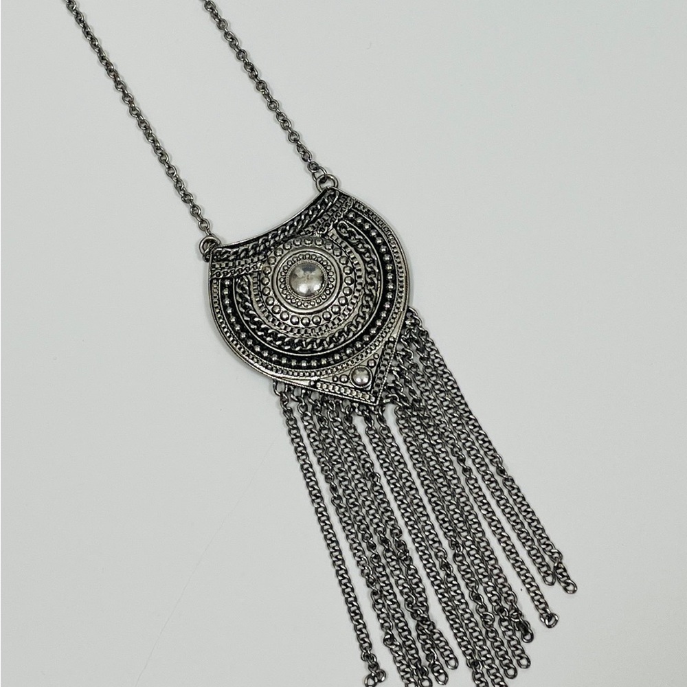 Vintage Boho Oxidized Silver Tone Medallion Fringe Pendant Long Necklace